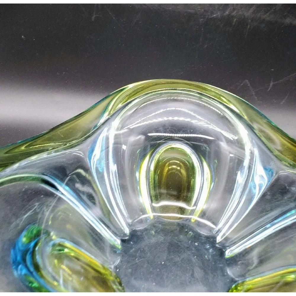 Vintage Walther Art Glass Decorative Bowl Triangle Green Blue 9